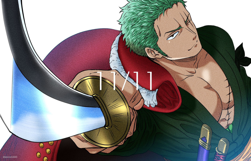 1boy bara coat dark-skinned_male dark_skin green_hair highres holding holding_sword holding_weapon light_smile long_sideburns male_focus one_piece pectoral_cleavage pectorals pinattsu pointing pointing_at_viewer pointing_weapon roronoa_zoro scar scar_across_eye short_hair sideburns solo sword upper_body weapon