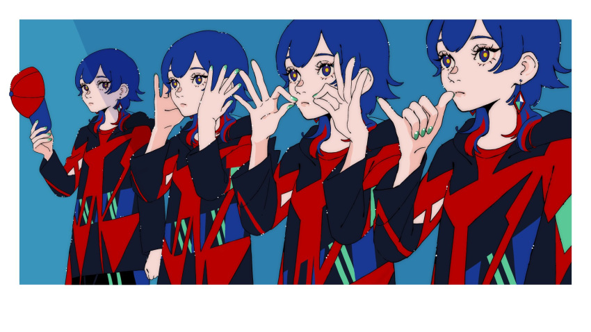 4girls arm_at_side baseball_cap black_jacket blue_background blue_eyes blue_hair blue_nails border clone closed_mouth commentary_request diamond_earrings drop_earrings earrings expressionless hair_over_shoulder hand_up hands_on_own_cheeks hands_on_own_face hands_up hat highres holding holding_clothes holding_hat hood hood_down hooded_jacket i_do_anime jacket jewelry kamitsubaki_studio long_hair looking_ahead looking_at_viewer looking_to_the_side lucky_kilimanjaro multicolored_clothes multicolored_eyes multicolored_hair multicolored_jacket multiple_girls pinching red_eyes red_hair red_hat red_jacket rim_(kamitsubaki_studio) shaka_sign side-by-side standing two-tone_hair unworn_hat unworn_headwear upper_body white_border wolf_cut yellow_pupils