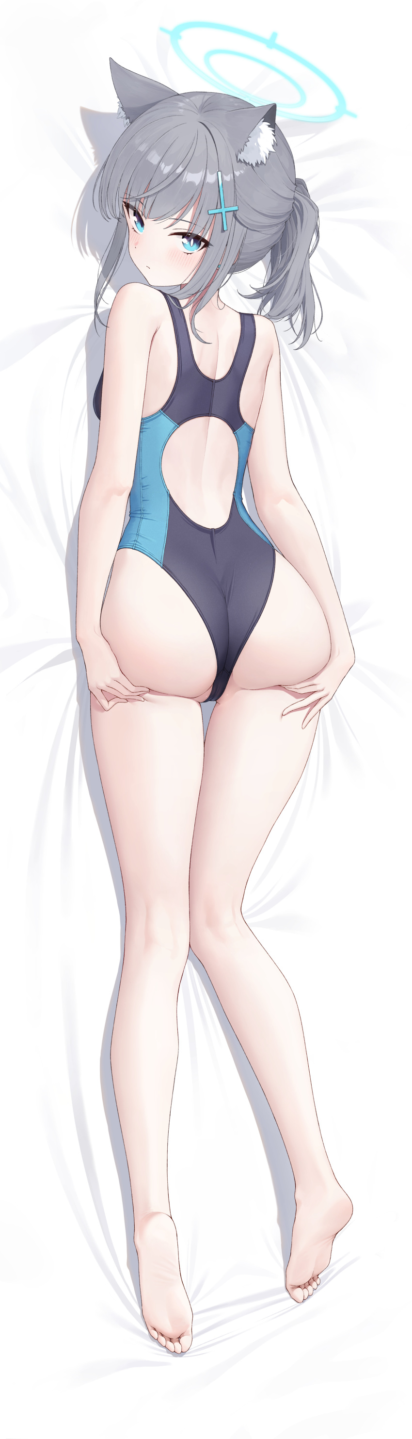1girl absurdres animal_ear_fluff animal_ears ass ass_grab backless_swimsuit bare_shoulders barefoot bed_sheet black_one-piece_swimsuit blue_archive blue_eyes blue_halo blue_one-piece_swimsuit commentary_request competition_swimsuit cross cross_hair_ornament dakimakura_(medium) full_body grabbing_own_ass grey_hair hair_ornament halo highleg highleg_swimsuit highres inverted_cross kneepits looking_at_viewer lying mismatched_pupils multicolored_clothes multicolored_swimsuit muwei_sansan official_alternate_costume official_alternate_hairstyle on_bed on_stomach one-piece_swimsuit shiroko_(blue_archive) shiroko_(swimsuit)_(blue_archive) short_hair short_ponytail solo swimsuit toes wolf_ears wolf_girl
