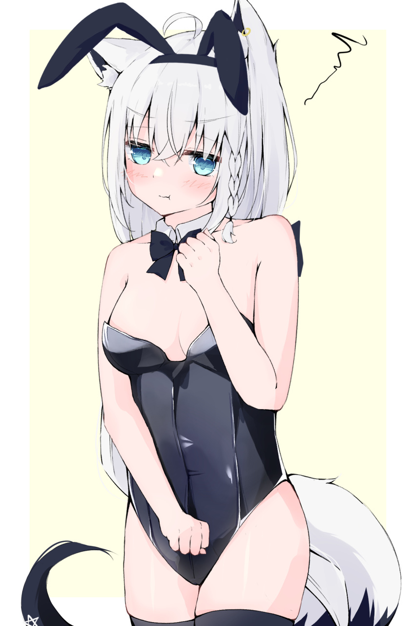 1girl ahoge animal_ear_fluff animal_ears bare_arms black_bow black_bowtie black_leotard black_thighhighs blush border bow bowtie braid breasts commentary_request detached_collar earrings fake_animal_ears fox_ears fox_girl fox_tail green_eyes hair_between_eyes highres hololive jewelry leotard long_hair looking_at_viewer pentagram playboy_bunny pout rabbit_ears shirakami_fubuki sidelocks simple_background single_braid small_breasts solo squiggle tail thighhighs user_jkjt4322 virtual_youtuber white_hair yellow_background