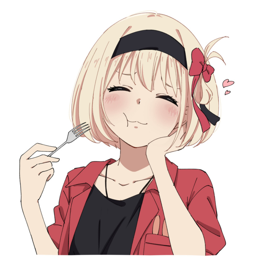 1girl black_hairband black_shirt blonde_hair blush bob_cut border bow closed_mouth collarbone commentary eating fork hair_bow hairband hand_on_own_cheek hand_on_own_face highres holding holding_fork jacket lycoris_recoil nishikigi_chisato one_side_up open_clothes open_jacket red_bow red_jacket ryuryu_7150 shirt short_hair short_sleeves simple_background solo upper_body white_background white_border