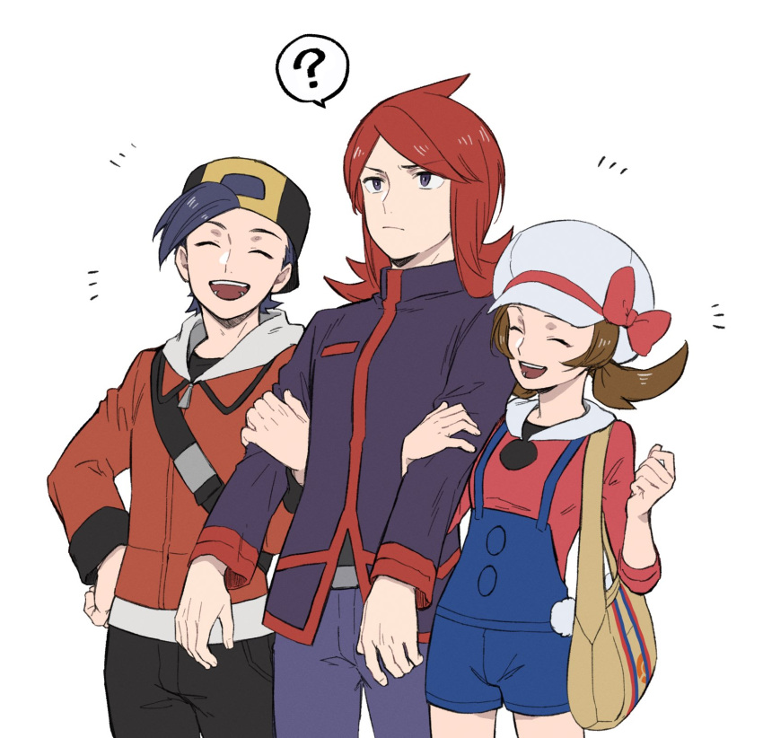 1girl 2boys :d ? black_hair black_hat black_pants blue_overalls bow brown_hair commentary_request cowboy_shot cowlick ethan_(pokemon) hat hat_bow highres jacket long_hair long_sleeves lyra_(pokemon) mocollie multiple_boys open_mouth overalls pants pokemon pokemon_hgss red_hair red_jacket shirt short_hair silver_(pokemon) smile spoken_question_mark twintails