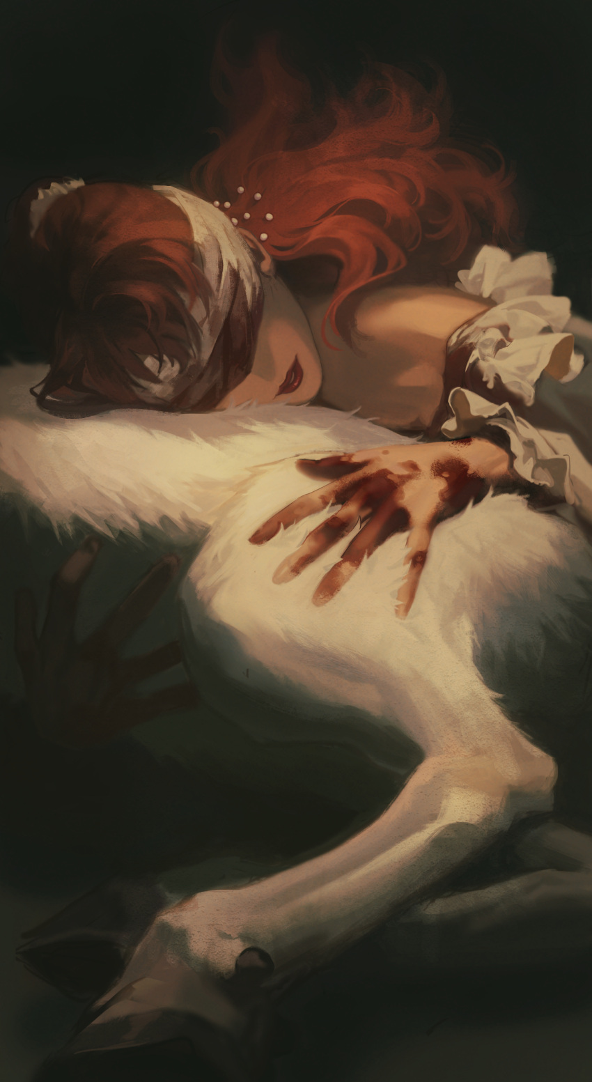 1girl absurdres bandages bandages_over_eyes bare_shoulders blindfold blood blood_on_face blood_on_hands character_request dead_by_daylight fridaynightcat highres horse hugging_object long_hair red_hair red_lips solo white_horse