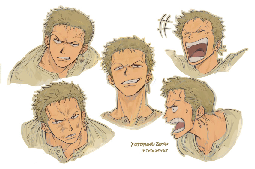 1boy :d anger_vein cropped_shoulders earrings expressions frown green_hair highres jewelry laughing looking_ahead male_focus one_piece profile roronoa_zoro serious short_hair single_earring smile smirk sweatdrop veiny_face yayarunaway