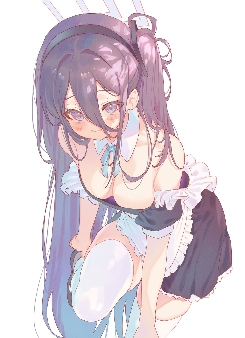 1girl adjusting_clothes adjusting_shoe alternate_breast_size apron aqua_ribbon aris_(blue_archive) aris_(maid)_(blue_archive) black_dress black_footwear black_hair black_hairband blue_archive blue_eyes blush breasts detached_collar downblouse dress hairband halo highres light_smile long_hair long_hair_between_eyes looking_at_viewer medium_breasts neck_ribbon official_alternate_costume one_side_up ribbon short_sleeves simple_background solo standing standing_on_one_leg thighhighs torano very_long_hair white_apron white_background white_thighhighs
