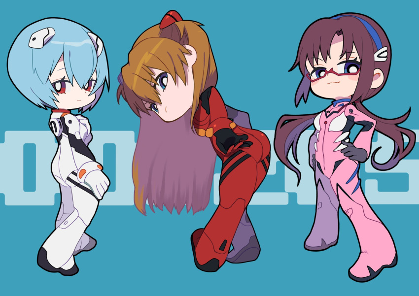 3girls :3 ass ayanami_rei blue_eyes blue_hair blush bodysuit brown_hair chibi closed_mouth hands_on_own_hips highres long_hair looking_at_viewer low_twintails makinami_mari_illustrious miyata_(lhr) multiple_girls neon_genesis_evangelion pink_bodysuit plugsuit red-framed_eyewear red_bodysuit red_eyes semi-rimless_eyewear short_hair smile souryuu_asuka_langley twintails under-rim_eyewear white_bodysuit