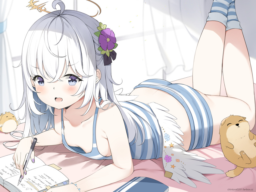 1girl ass azusa_(blue_archive) blue_archive blue_eyes blush chintora0201 collarbone downblouse hair_ornament hairclip halo holding holding_pen looking_at_viewer low_wings lying open_mouth pen socks solo white_hair white_wings wings