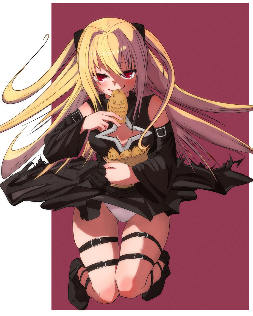 1girl absurdres bag bare_shoulders black_dress black_footwear black_sleeves blonde_hair blush breasts clothing_cutout detached_sleeves dress eating fingernails food full_body hair_intakes hair_ornament hand_up highres holding holding_bag holding_food kiubyre konjiki_no_yami long_hair looking_at_viewer midair panties paper_bag red_background red_eyes simple_background sleeveless sleeveless_dress smile solo taiyaki thigh_strap to_love-ru two_side_up underwear very_long_hair wagashi white_panties