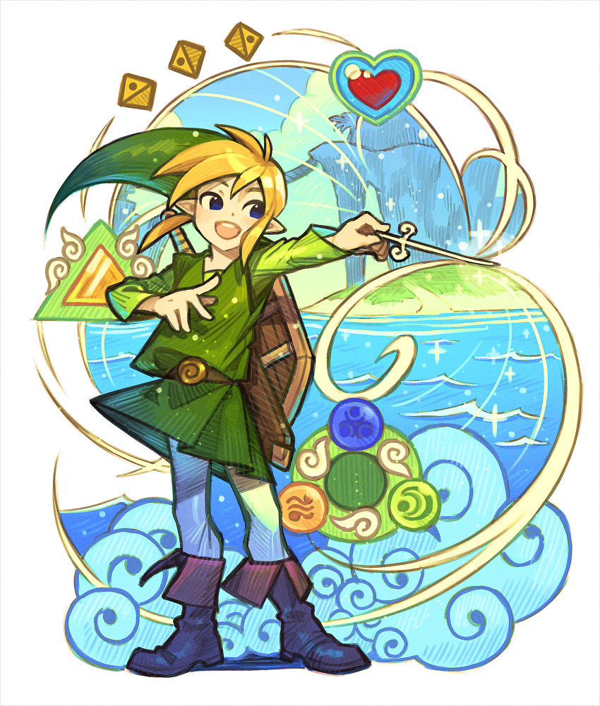 1boy 9twoeight absurdres belt belt_buckle black_footwear blonde_hair blue_eyes boots buckle full_body green_tunic heart highres link looking_to_the_side magic male_focus medium_hair ocean open_mouth pants pointy_ears pointy_hat sidelocks smile solo standing the_legend_of_zelda the_legend_of_zelda:_the_wind_waker white_pants