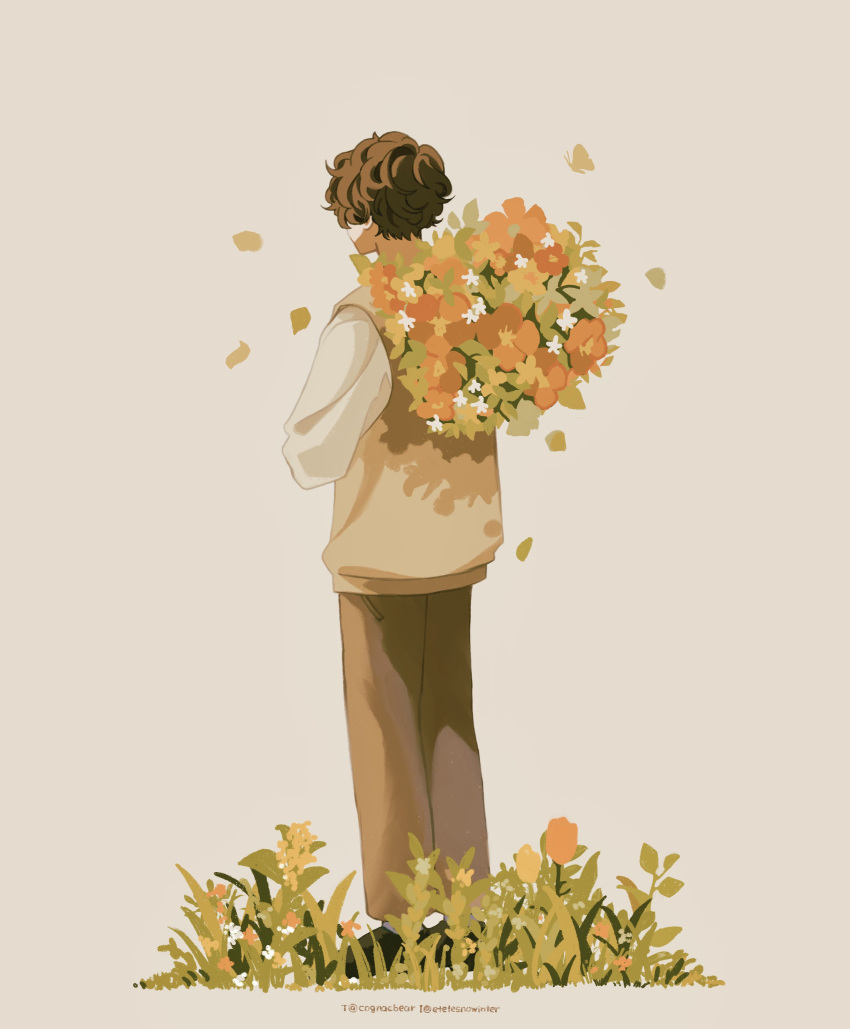 1boy absurdres bouquet brown_hair carrying_over_shoulder cognacbear curly_hair facing_ahead flower from_behind full_body grass grey_pants highres long_sleeves male_focus orange_flower orange_tulip original pants red_flower school_uniform shirt short_hair sidelocks simple_background solo standing sweater_vest tulip twitter_username white_background white_shirt yellow_sweater_vest