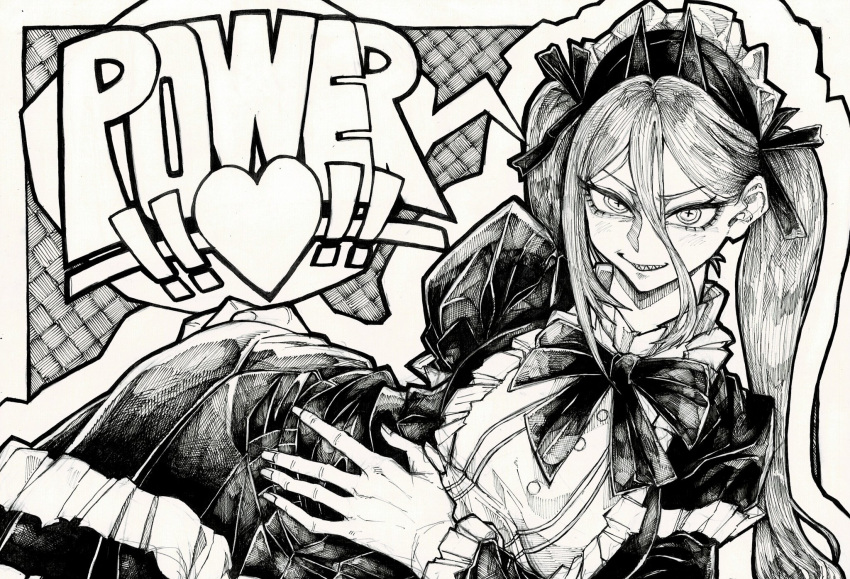 1girl chainsaw_man cross-shaped_pupils demon_horns greyscale hair_between_eyes highres horns kachihoko long_hair looking_at_viewer maid monochrome power_(chainsaw_man) sharp_teeth smile solo symbol-shaped_pupils teeth