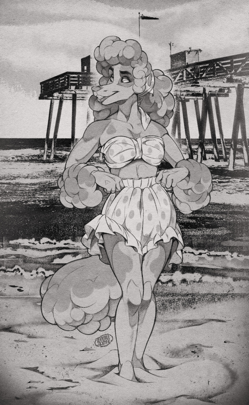 absurd_res accessory anthro arm_tuft beach bikini canid canine canis clothing curled_hair domestic_dog female fluffy fluffy_tail greyscale hair headband hi_res lips mammal monochrome poodle smile solo swimwear tail terribleanimal thick_bottom_lip tuft wide_eyed wrist_tuft