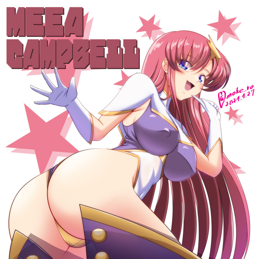 ass blue_eyes breasts capelet character_name covered_nipples cowboy_shot dated gloves gundam gundam_seed gundam_seed_destiny hair_ornament highleg highleg_leotard highres index_finger_raised large_breasts leaning_forward leotard long_hair looking_at_viewer looking_back meer_campbell moke_ro multicolored_leotard pink_hair purple_skirt skirt star_(symbol) star_hair_ornament starry_background twitter_username typo white_background white_capelet white_gloves