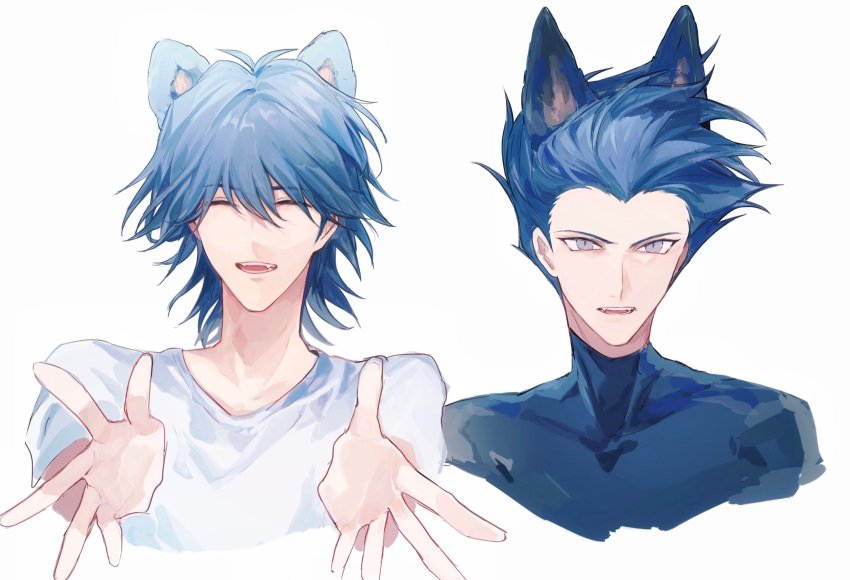 2boys absurdres alternate_costume animal_ears antinomy bad_id bad_lofter_id blue_hair blue_shirt bruno_(yu-gi-oh!) closed_eyes cropped_torso dog_ears grey_eyes hair_slicked_back hands_up happy highres kemonomimi_mode male_focus medium_hair multiple_boys naoki_(2rzmcaizerails6) open_mouth outstretched_hand reaching reaching_towards_viewer serious shirt short_hair smile spiked_hair turtleneck turtleneck_shirt upper_body white_background white_shirt wolf_ears yu-gi-oh! yu-gi-oh!_5d's