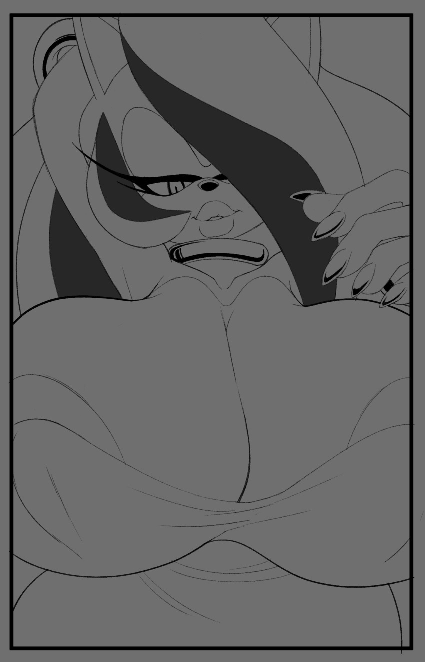 2024 5_fingers anthro areola areola_slip bedroom_eyes big_breasts breasts cleavage clothed clothing collar dress eulipotyphlan fan_character female fingers greyscale hair hair_over_eye hedgehog hi_res huge_breasts lips looking_at_viewer mammal monochrome narrowed_eyes one_eye_obstructed ravrous seductive solo thick_lips varyne_(ravrous)