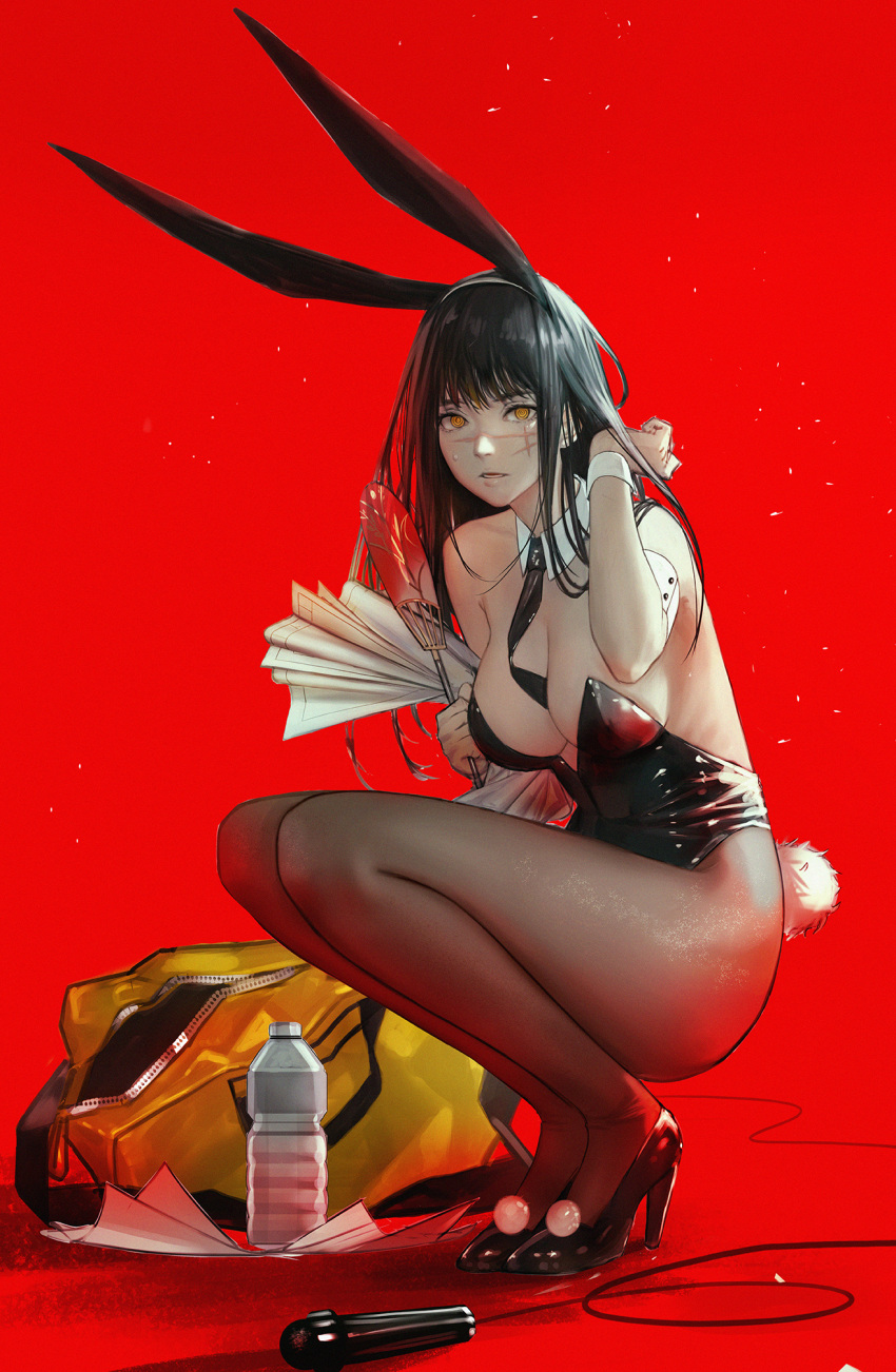 1girl adjusting_hair animal_ears bare_shoulders between_breasts black_footwear black_hair black_leotard black_necktie bottle breasts chainsaw_man cleavage cross_scar detached_collar fake_animal_ears fake_tail from_side full_body ganet_p hand_fan hand_up high_heels highleg highleg_leotard highres holding holding_fan holding_paper large_breasts legs_together leotard long_hair looking_at_viewer microphone necktie necktie_between_breasts pantyhose paper parted_lips playboy_bunny rabbit_ears rabbit_tail ringed_eyes scar scar_on_cheek scar_on_face scar_on_nose simple_background solo squatting strapless strapless_leotard sweatdrop tail wrist_cuffs yellow_bag yellow_eyes yoru_(chainsaw_man)