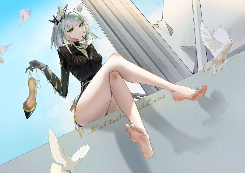 1girl absurdres animal_ears arknights bare_legs bird black_shirt black_skirt blue_sky breasts character_name chinese_commentary cloud crossed_legs day dove exianble feet foot_focus green_hair green_nails grey_hair high_heels highres holding holding_shoes kal'tsit_(arknights) legs long_sleeves multicolored_hair nail_polish outdoors shadow shirt shoes sitting skirt sky small_breasts soles solo thighs toenail_polish toenails toes two-tone_hair unworn_shoes
