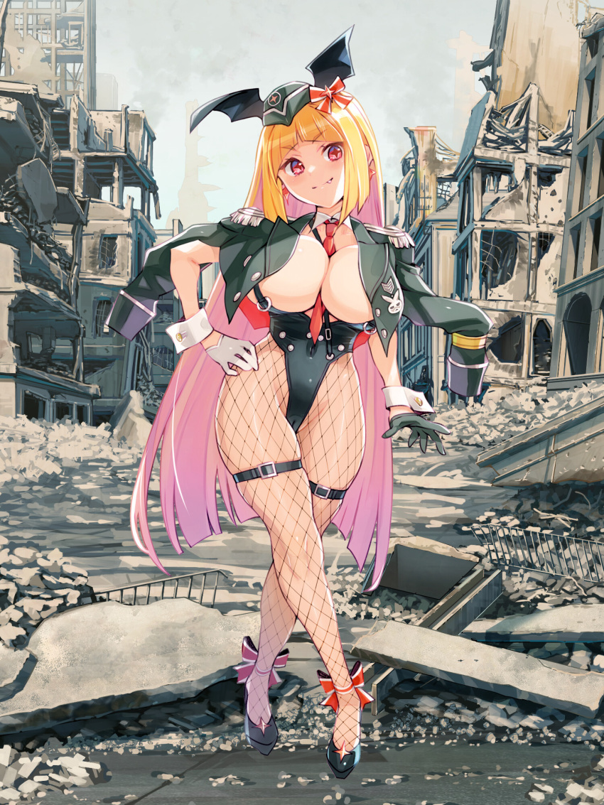 1girl asymmetrical_gloves between_breasts black_gloves blonde_hair breasts cameltoe city dairoku_ryouhei day earrings epaulettes fang fishnet_pantyhose fishnets full_body garrison_cap gloves hand_on_own_hip hat highres huge_breasts jewelry leotard long_hair looking_at_viewer mismatched_gloves necktie official_art outdoors pantyhose red_eyes red_necktie rubble ruins ryoji_(nomura_ryouji) smile solo standing thigh_strap very_long_hair white_gloves wrist_cuffs