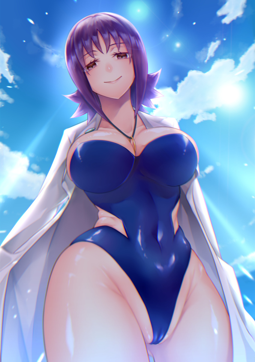 1girl blue_one-piece_swimsuit breasts cameltoe casual_one-piece_swimsuit chikage_(blackclownery) closed_mouth clothing_cutout cloud covered_navel cowboy_shot highres jewelry lab_coat large_breasts looking_down necklace one-piece_swimsuit philena_ivy pokemon pokemon_(anime) purple_hair red_eyes smile solo swimsuit