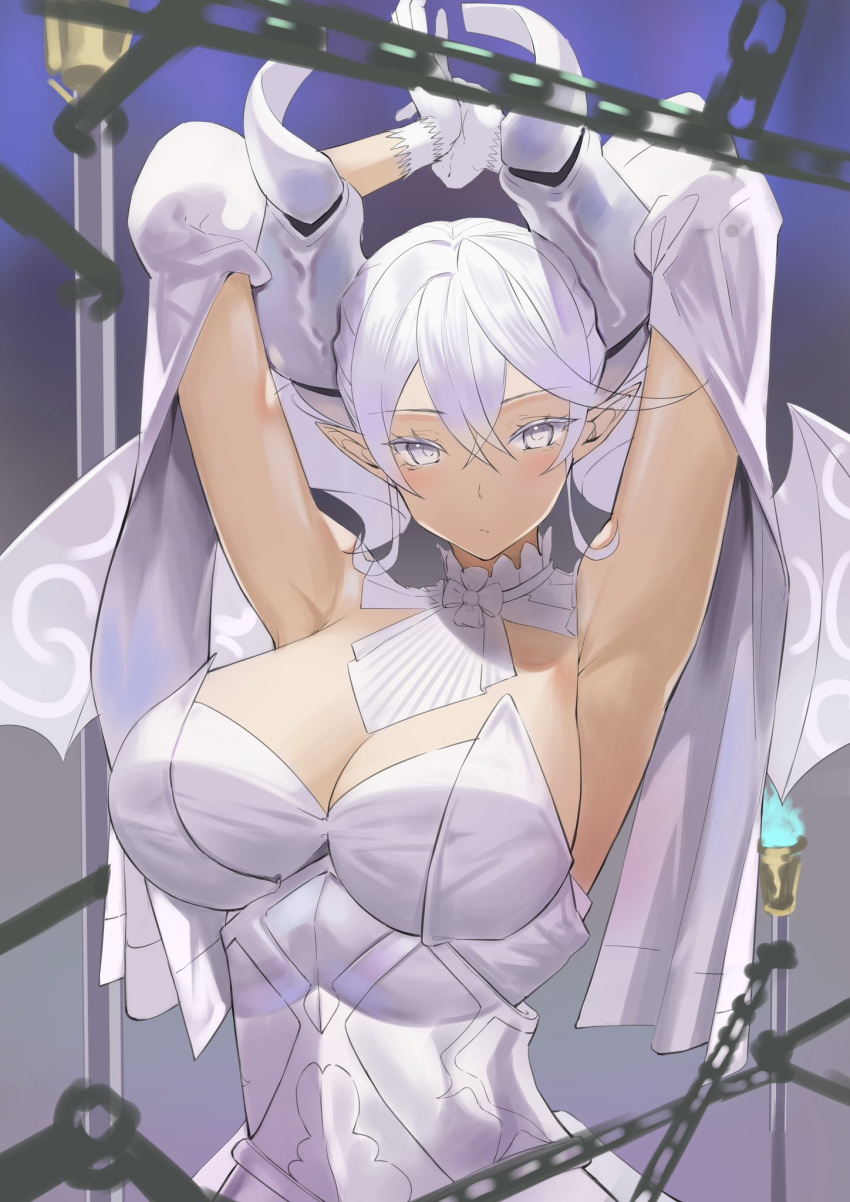 1girl breasts cleavage demon_girl demon_horns demon_wings dress duel_monster gloves grey_eyes highres horns large_breasts looking_at_viewer lovely_labrynth_of_the_silver_castle low_wings pointy_ears sayaka_ikku smile solo twintails unfinished white_hair white_horns wings yu-gi-oh!