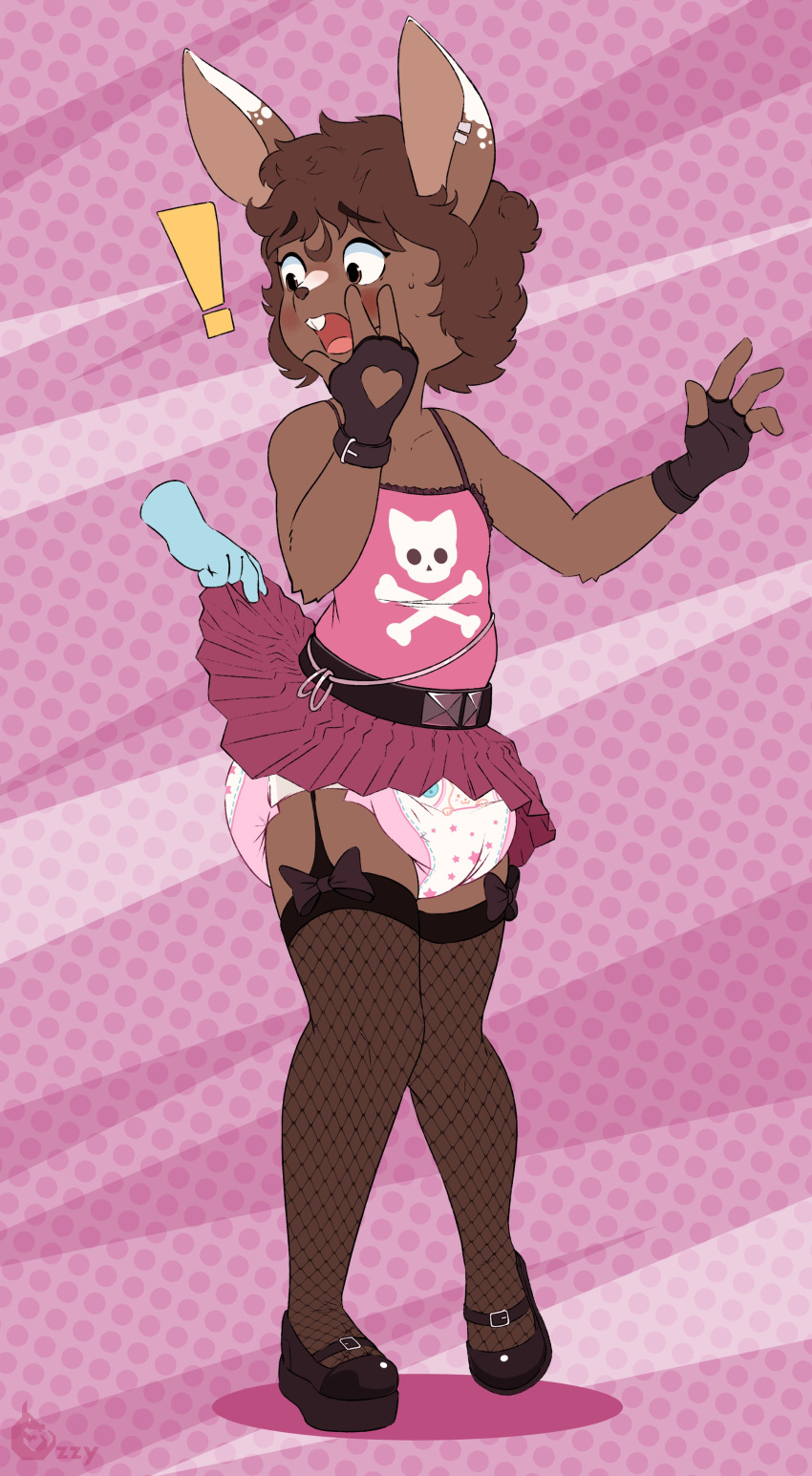 4_fingers absurd_res abuniverse accessory ageplay alternative_fashion anthro belt blush bodily_fluids bottomwear bow_ribbon brown_body brown_eyes brown_fur brown_hair buckteeth bunnyhopps bunnyhopps_(diaper) clothed clothing clothing_lift diaper diaper_under_clothing diaper_under_skirt disembodied_hand duo ear_piercing embarrassed english_text exposed_diaper eyebrow_through_hair eyebrows female fingerless_gloves fingers fishnet_clothing fishnet_leggings fishnet_legwear fishnet_thigh_highs footwear fur gloves hair handwear hi_res infantilism lagomorph leggings legwear leporid long_ears looking_at_another mammal open_mouth ozzybear piercing rabbit roleplay shirt shocked shoes skirt skirt_lift standing surprise sweat tank_top teeth text thigh_highs topwear translucent translucent_hair