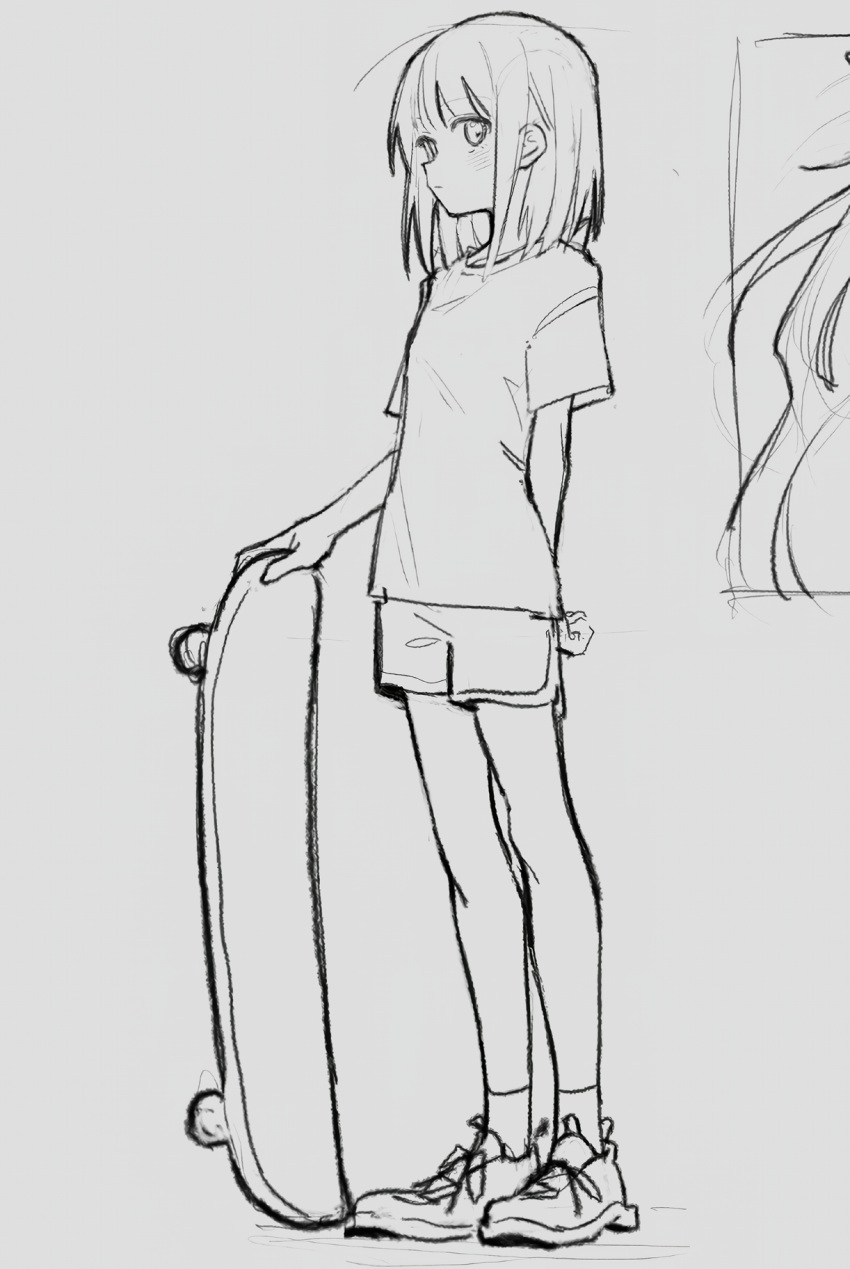 1girl bob_cut grey_background highres holding holding_skateboard original short_hair simple_background skateboard sketch