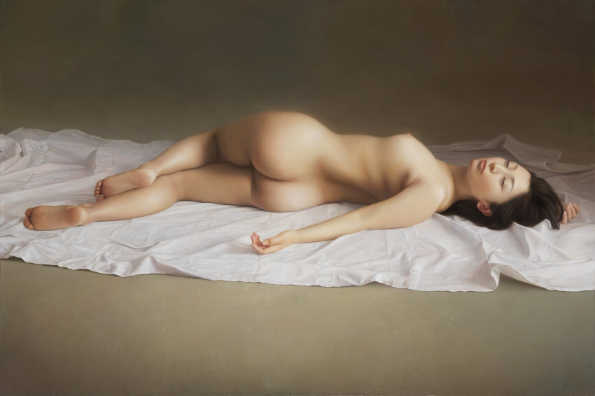 ass ass_focus black_hair completely_nude curvy from_behind full_body highres looking_at_viewer nipples nude oil_painting_(medium) original painting_(medium) shadow thighs traditional_media uno_kazuhiro wide_hips