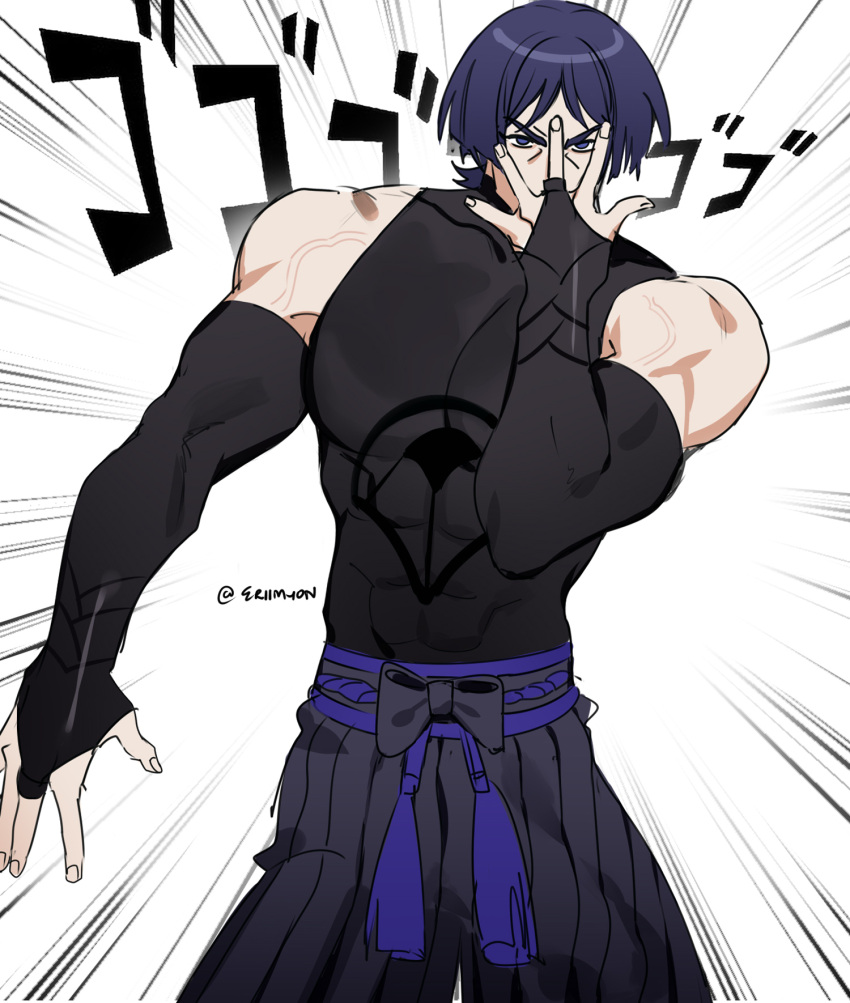 1boy black_bodysuit black_shirt bodysuit cowboy_shot eriimyon genshin_impact hand_over_face highres japanese_clothes jojo_no_kimyou_na_bouken jojo_pose looking_at_viewer male_focus meme menacing_(jojo) muscular muscular_male parody purple_hair scaramouche_(genshin_impact) shirt short_hair solo style_parody