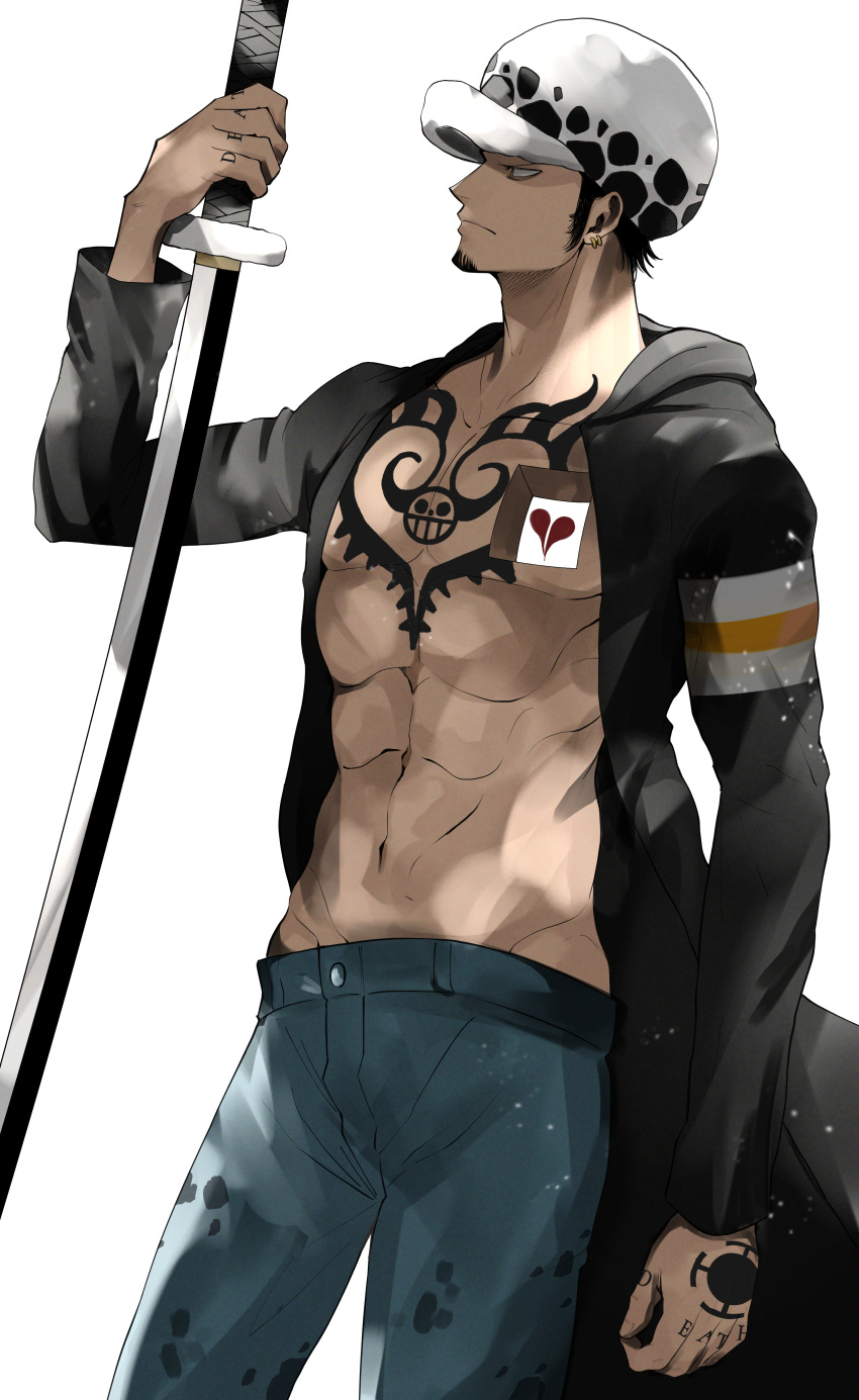 1boy 2elu2 abs absurdres adam's_apple bags_under_eyes bare_pectorals black_coat black_hair black_hat blue_pants broken_heart chest_tattoo closed_mouth coat collarbone earrings facial_hair goatee hat heart highres holding holding_sword holding_weapon hole_in_chest hole_on_body jewelry long_sideburns long_sleeves looking_at_object male_focus navel one_piece open_clothes open_coat pants pectorals short_hair sideburns simple_background solo sword tattoo toned toned_male trafalgar_law weapon white_background white_hat