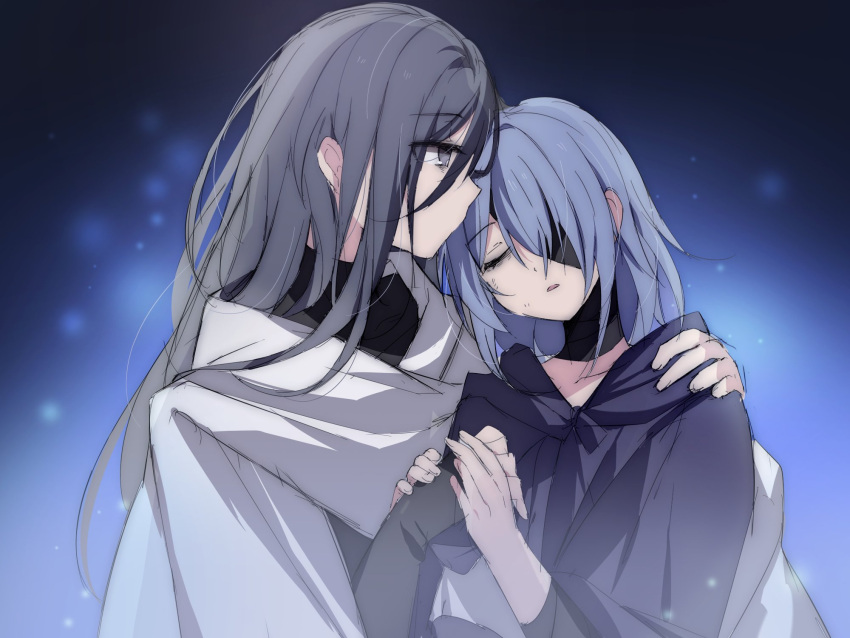 2girls bandaged_neck bandages black_bandages black_hair black_robe blue_background blue_hair chief_(path_to_nowhere) closed_eyes eyepatch female_chief_(path_to_nowhere) grey_eyes hand_on_another's_shoulder hecate_(path_to_nowhere) highres holding_hands long_hair multiple_girls one_eye_covered parted_lips path_to_nowhere robe sappazell upper_body white_robe