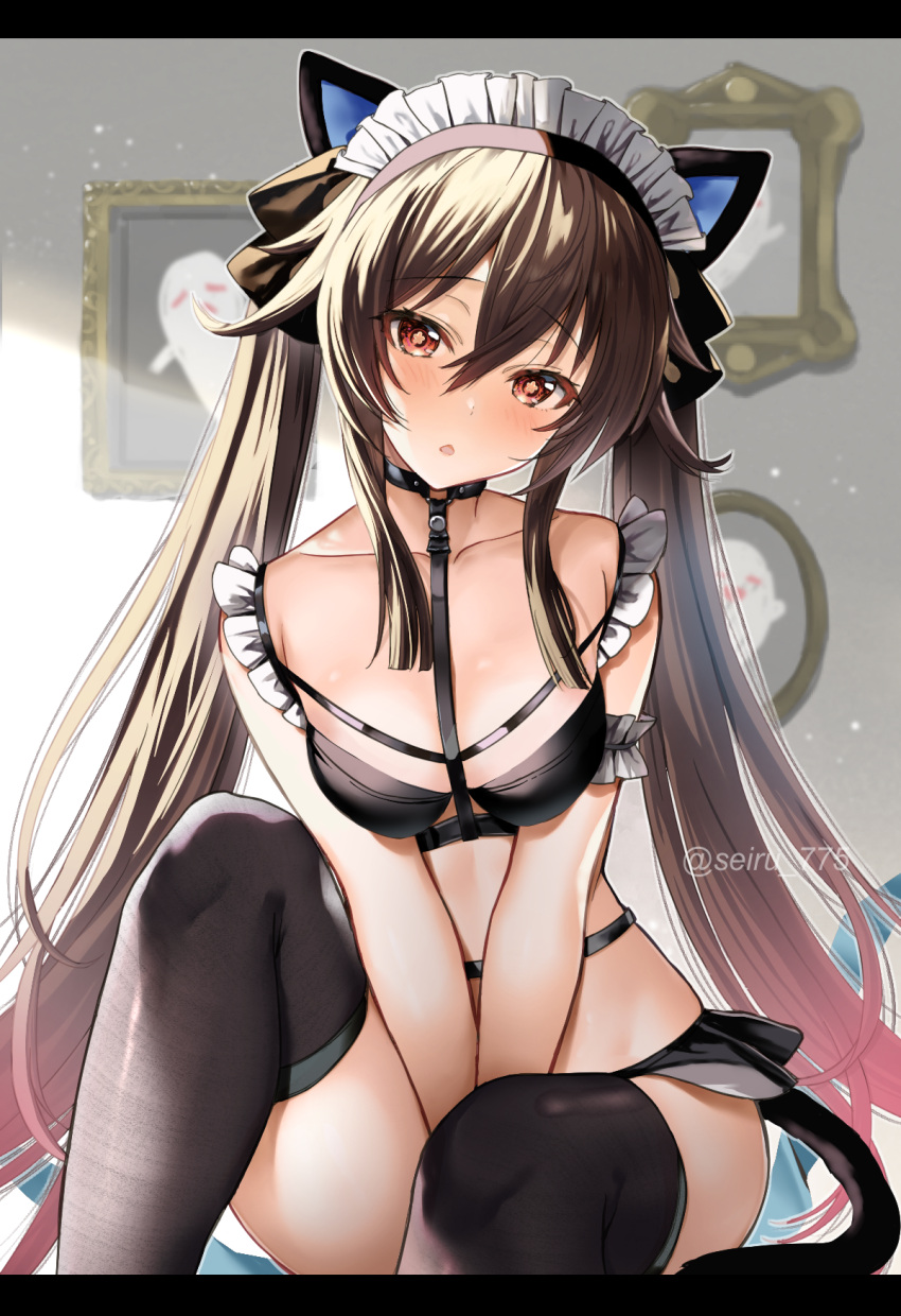 1girl animal_ears bare_shoulders black_bra black_panties black_thighhighs blush bra breasts brown_hair cat_ears cat_tail commentary_request fake_animal_ears genshin_impact highres hu_tao_(genshin_impact) long_hair looking_at_viewer medium_breasts open_mouth panties red_eyes seiru_(prairie) solo symbol-shaped_pupils tail thighhighs twintails underwear very_long_hair