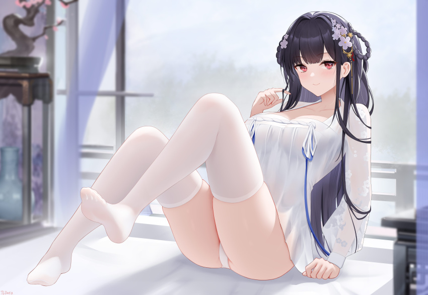 1girl absurdres azur_lane black_hair breasts closed_mouth doraski dress floral_print flower hair_flower hair_ornament hand_up highres indoors large_breasts leg_up long_hair long_sleeves looking_at_viewer panties red_eyes sitting smile solo thighhighs thighs underwear white_dress white_panties white_thighhighs yat_sen_(azur_lane) yat_sen_(paragon_of_celestial_grace)_(azur_lane)