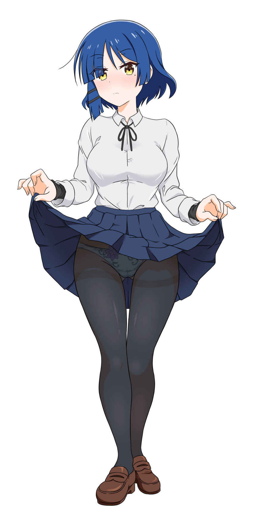 1girl absurdres ass_visible_through_thighs black_pantyhose blue_hair blue_skirt blush bocchi_the_rock! breasts brown_footwear closed_mouth clothes_lift collared_shirt eyebrows_hidden_by_hair full_body groin hair_over_eyes highres lifted_by_self looking_at_viewer medium_breasts panties panties_under_pantyhose pantyhose school_uniform shirt short_hair simple_background skirt skirt_lift solo thigh_gap underwear usazirou539 white_background white_panties white_shirt yamada_ryo yellow_eyes
