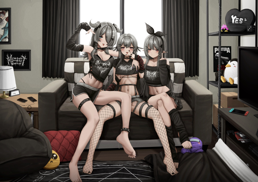 3girls absurdres alternate_costume alternate_hair_color among_us ankle_strap band_shirt barefoot collar couch crewmate_(among_us) crop_top crossed_legs denim denim_shorts detached_sleeves dinkle dolphin_shorts elira_pendora emoji feet finana_ryugu fins fishnet_thighhighs fishnet_top fishnets grabbing grabbing_another's_breast hair_over_one_eye head_fins head_wings heavy_metal highleg highres itemlabel lazulight legs lobsteranian long_hair loose_socks merchandise metal_band_text middle_finger multiple_girls nail_polish nijisanji nijisanji_en nintendo_switch no_shoes off_shoulder on_couch pantera_(band) pleading_face_emoji pleated_skirt pomu_rainpuff punk purple_(among_us) shorts sitting skirt sleeves_past_wrists socks soles spread_legs television thigh_strap thighhighs toenail_polish toenails toes tongue tongue_out v virtual_youtuber wings yes yes-no_pillow