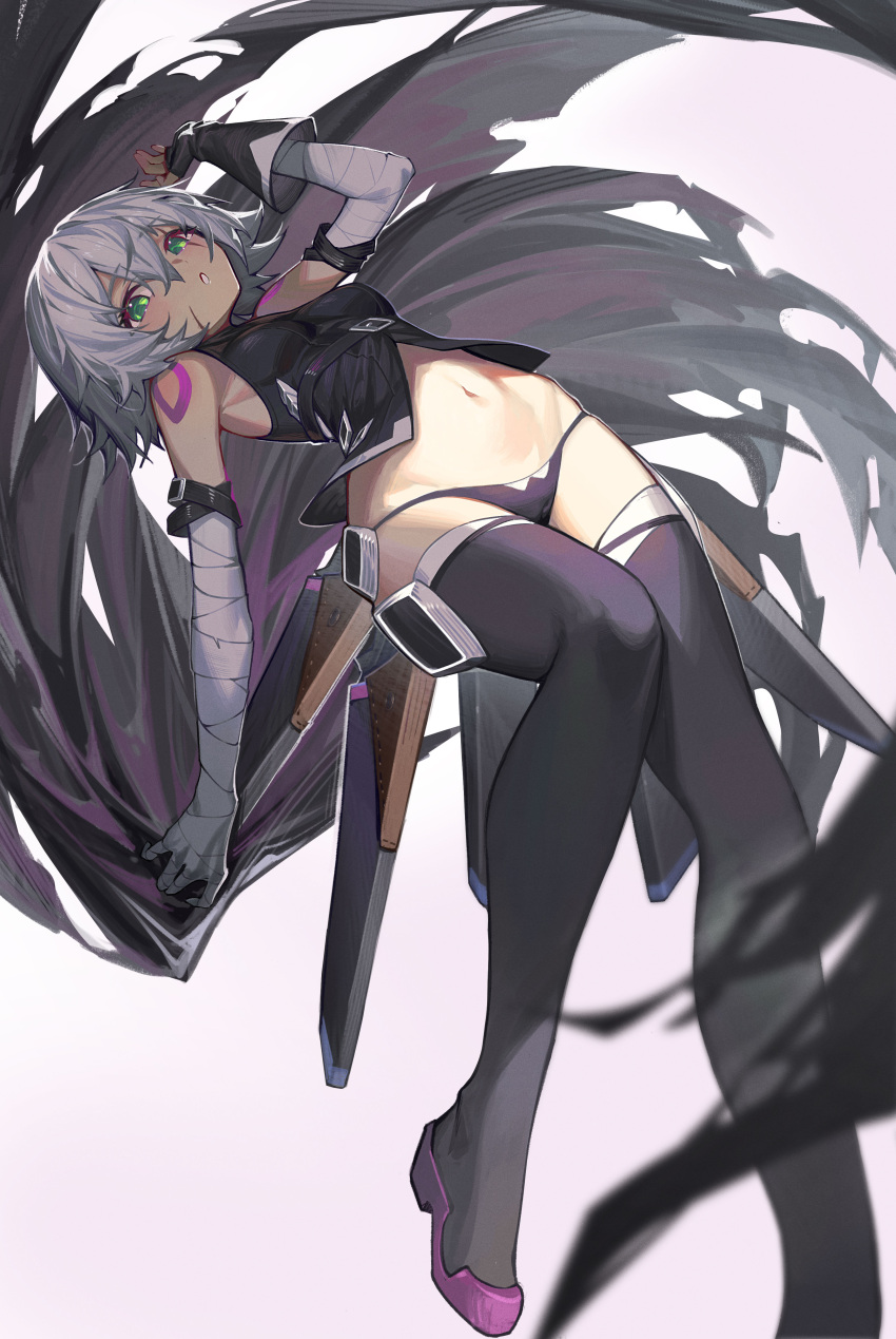 1girl absurdres bandaged_arm bandages black_panties black_shirt black_thighhighs commentary_request crop_top fate/apocrypha fate_(series) green_eyes grey_hair highres jack_the_ripper_(fate/apocrypha) midriff mo_ying_yu navel panties purple_footwear scabbard scar scar_across_eye scar_on_cheek scar_on_face sheath shirt shoes short_hair shoulder_tattoo sleeveless sleeveless_shirt solo stomach tattoo thighhighs thighs underwear