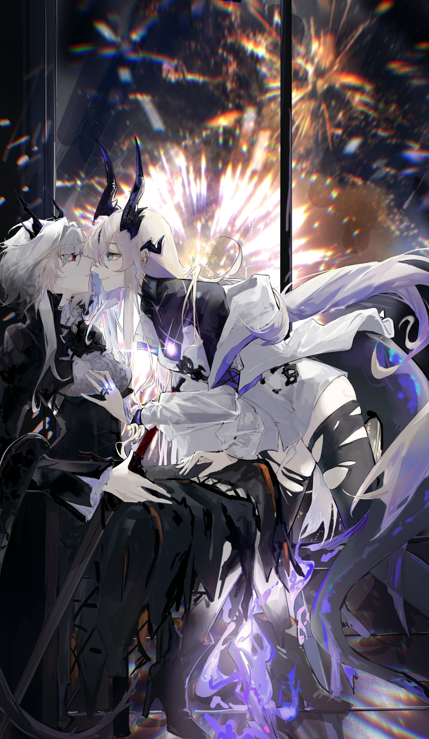 2girls absurdres aqua_eyes arknights ascot black_ascot black_dress black_shirt black_thighhighs boots dragon_girl dragon_tail dress eblana_(arknights) face-to-face fire fireworks hair_intakes hand_on_another's_chest hand_on_another's_thigh hand_on_hilt high_heel_boots high_heels highres horns indoors jacket jewelry light_in_heart long_hair long_sleeves medium_hair mozi9180 multicolored_hair multiple_girls purple_armband purple_hair purple_light red_eyes ring shirt sitting smile stone_floor sword tail talulah_(arknights) thighhighs torn_clothes torn_thighhighs very_long_hair weapon white_dress white_hair white_jacket window yuri