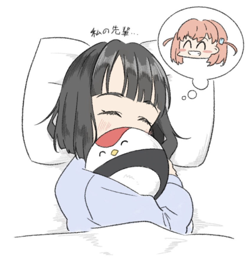 2girls ^_^ black_hair blue_shirt blunt_bangs blunt_ends blush blush_stickers chibi chibi_inset closed_eyes commentary_request covered_mouth crossed_bangs grin hair_ornament head_on_pillow highres hinoshita_kaho hugging_doll hugging_object link!_like!_love_live! llkapital long_sleeves love_live! lying medium_hair momose_ginko multiple_girls on_bed on_side orange_hair rabbit_hair_ornament shirt short_hair sleeping smile solo_focus stuffed_toy thought_bubble translated two_side_up under_covers virtual_youtuber white_background