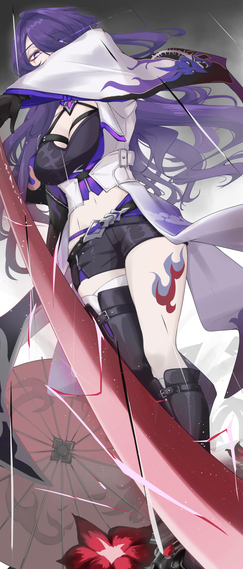 1girl absurdres acheron_(honkai:_star_rail) asymmetrical_legwear bandaged_leg bandages belt black_belt black_gloves black_shorts blood blood_from_eyes boots breasts cleavage coat coattails electricity eyes_visible_through_hair flower full_body gloves glowing glowing_eye hair_between_eyes hair_over_one_eye highres holding holding_sword holding_weapon honkai:_star_rail honkai_(series) knee_boots large_breasts leg_tattoo long_hair looking_at_viewer midriff navel oil-paper_umbrella peneropeneropenne purple_eyes purple_hair rain red_flower shorts single_knee_boot single_thigh_boot solo standing sword tattoo thigh_boots thighs umbrella very_long_hair weapon white_coat