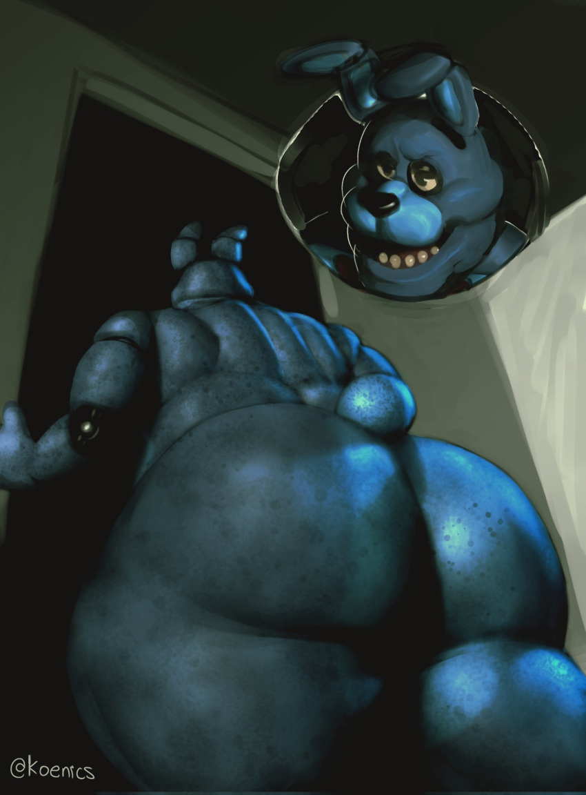 animatronic anthro big_butt blue_body bonnie_(fnaf) butt five_nights_at_freddy's hi_res koenics lagomorph leporid looking_at_butt machine male mammal rabbit robot scottgames slightly_chubby solo tail thick_thighs