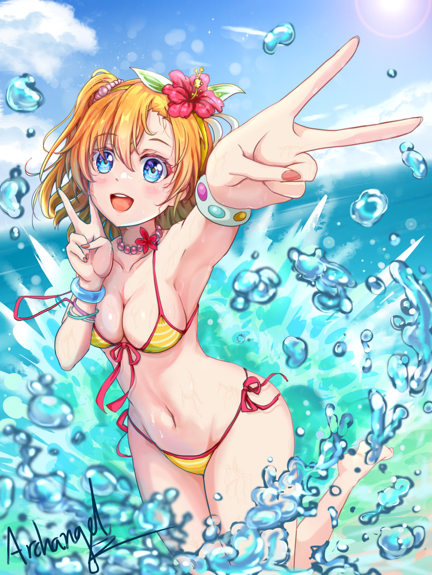 1girl absurdres archangel_(pixiv15022007) bikini blue_eyes bracelet breasts brown_hair chinese_commentary cleavage commentary_request front-tie_bikini_top front-tie_top highres jewelry kosaka_honoka looking_at_viewer love_live! love_live!_school_idol_project medium_breasts one_side_up open_mouth orange_hair round_teeth short_hair side-tie_bikini_bottom solo splashing striped_bikini striped_clothes swimsuit teeth upper_teeth_only v water yellow_bikini