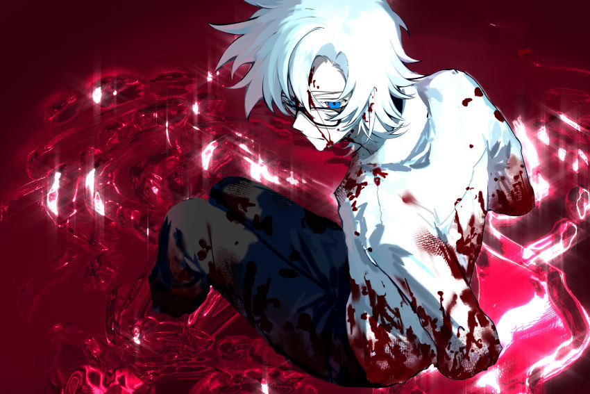 1boy black-framed_eyewear black_pants blood blood_on_clothes blood_on_face blue_eyes chinese_commentary closed_mouth colored_eyelashes commentary_request glasses highres kanou_aogu long_sleeves male_focus pale_skin pants partially_submerged sa_you_jia saibou_shinkyoku short_hair sitting solo white_hair