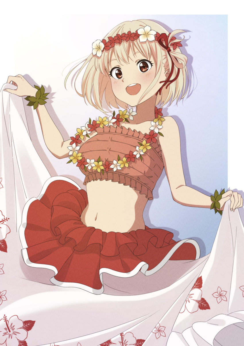 1girl bandeau bare_shoulders blush commentary_request crop_top flower_wreath hair_ribbon highres lycoris_recoil midriff navel nishikigi_chisato one_side_up open_mouth red_eyes red_ribbon ribbon ryuryu_7150 skirt skirt_hold smile solo strapless teeth upper_teeth_only