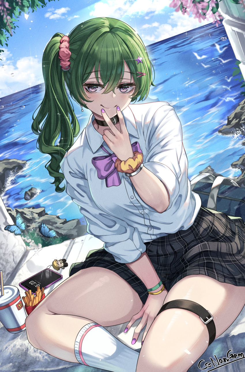 1girl artist_name black_skirt blue_bag bow bowtie bug butterfly cellphone cenangam closed_mouth collared_shirt cup day earrings food french_fries green_hair grey_eyes hair_ornament hair_scrunchie hairclip hand_up highres jewelry kneehighs land_(sousou_no_frieren) long_hair long_sleeves looking_at_viewer mcdonald's nail_polish ocean outdoors phone pink_scrunchie plaid plaid_skirt purple_bow purple_bowtie purple_nails scrunchie shirt side_ponytail sitting skirt smartphone smile socks sousou_no_frieren star_(symbol) star_hair_ornament thigh_strap thighs ubel_(sousou_no_frieren) v water white_shirt white_socks wrist_scrunchie yellow_scrunchie