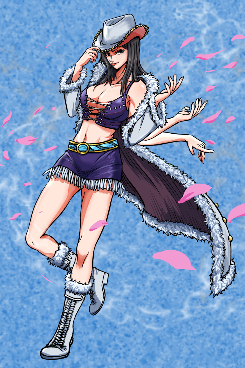 1girl black_hair blue_background boots coat commentary_request cowboy_hat cross-laced_clothes cross-laced_top extra_arms full_body fur-trimmed_coat fur_trim hat highres long_hair looking_at_viewer miniskirt nico_robin one_piece petals pink_petals purple_shirt purple_skirt s-watered-man shirt skirt solo white_coat white_footwear white_hat