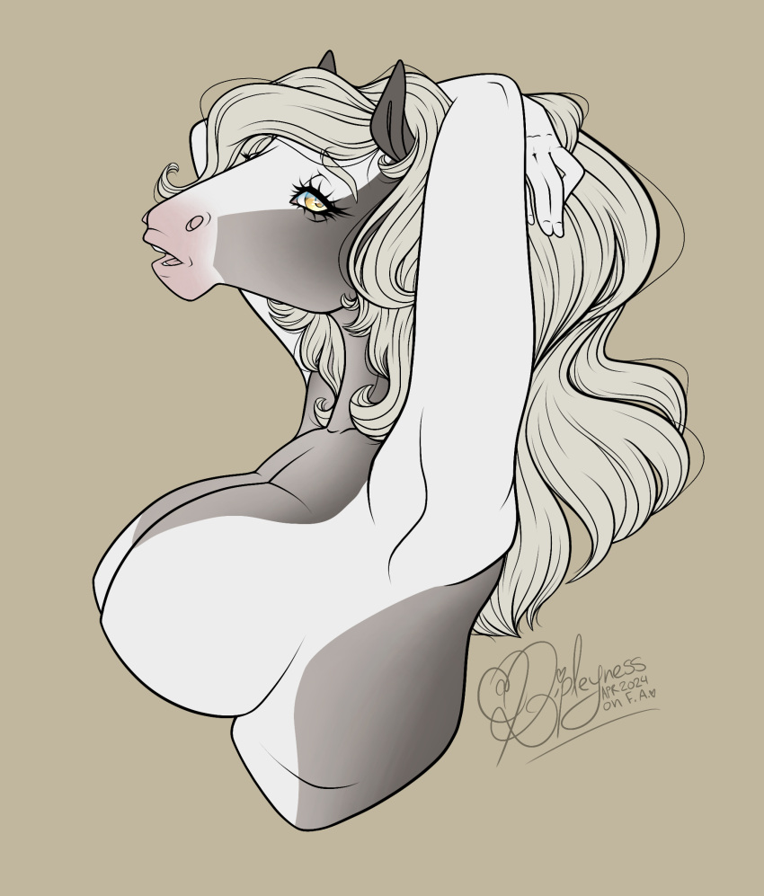 anthro blonde_hair breasts draft_horse equid equine female fur hair hands_behind_head hi_res horse mammal marmor_(mrub) multicolored_body multicolored_fur ripleyness solo yellow_eyes