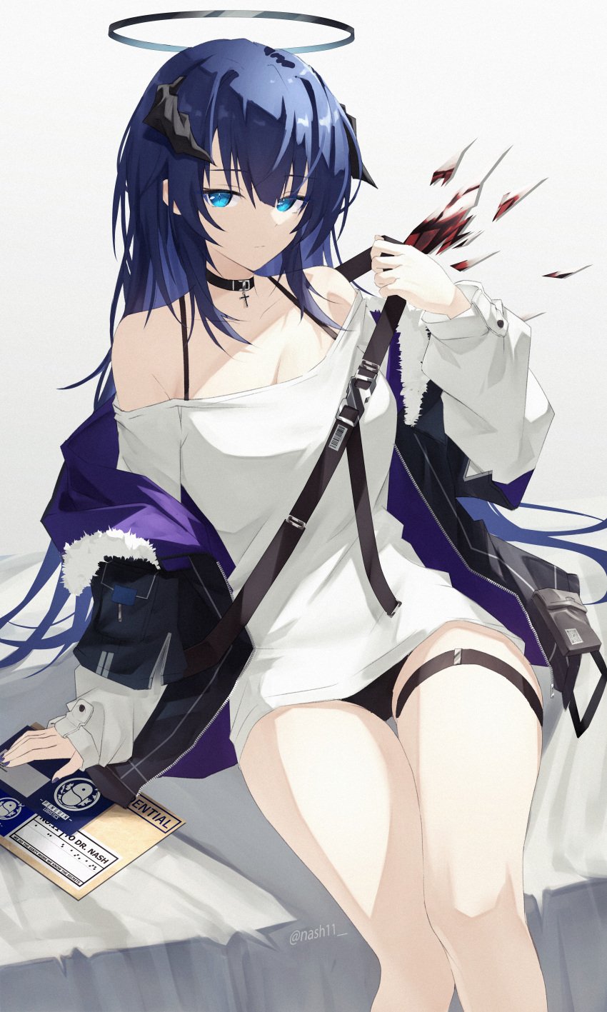 1girl absurdres arknights black_choker black_jacket black_panties blue_eyes blue_hair bra_strap choker commentary feet_out_of_frame grey_background halo hand_up highres horns jacket long_hair long_sleeves looking_at_viewer mostima_(arknights) nash11 off-shoulder_shirt off_shoulder panties shirt sitting solo thigh_strap thighs underwear very_long_hair white_shirt