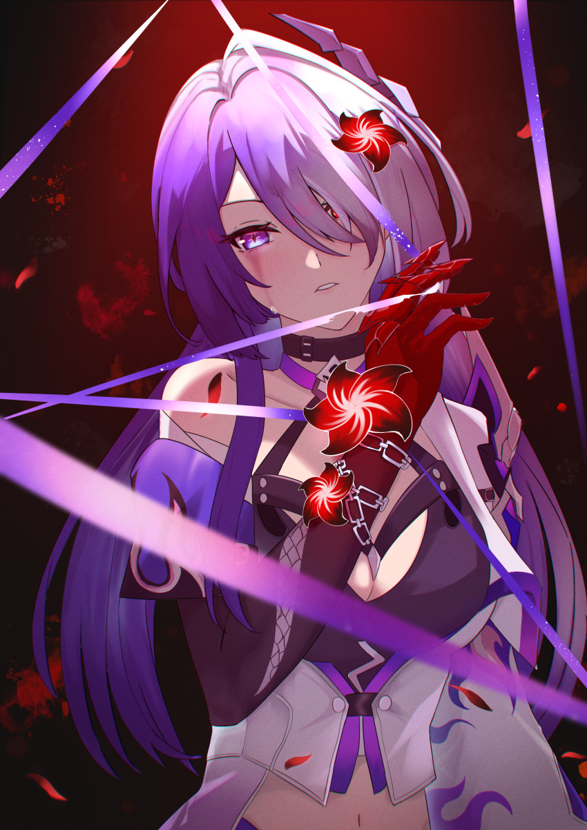 1girl absurdres acheron_(honkai:_star_rail) armor bandaged_arm bandages black_choker breasts chain chain_around_arm choker cleavage coat criss-cross_halter detached_sleeves diamond-shaped_pupils diamond_(shape) eyes_visible_through_hair flower hair_between_eyes hair_ornament hair_over_one_eye halterneck highres honkai:_star_rail honkai_(series) jininwop large_breasts looking_at_viewer midriff multicolored_hair navel official_alternate_color parted_lips purple_eyes purple_hair red_eyes red_flower shoulder_armor single_bare_shoulder solo symbol-shaped_pupils tears_from_one_eye upper_body white_coat white_hair