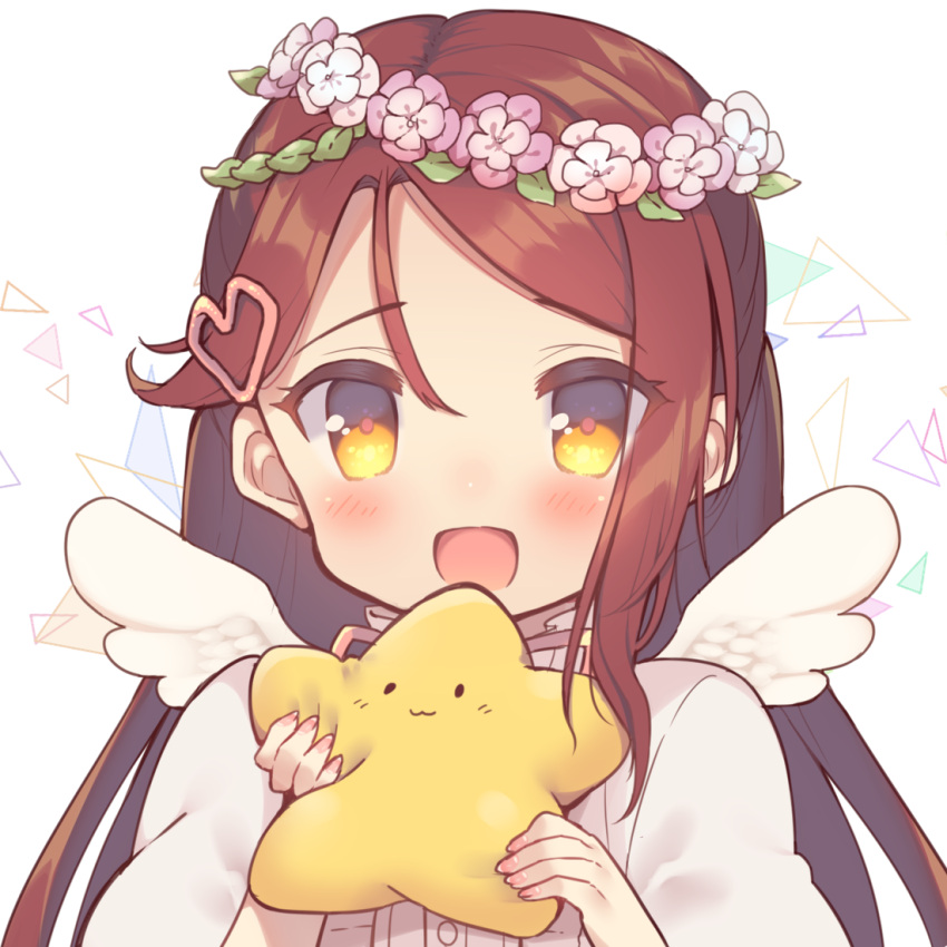 1girl angel_wings blush brown_hair buttons center_frills collared_shirt eyelashes feathered_wings flower forehead frilled_shirt_collar frills hair_between_eyes hair_ornament hairclip head_wreath heart heart_hair_ornament high_collar holding holding_stuffed_toy leaf long_hair looking_at_viewer love_live! love_live!_sunshine!! mini_wings neck_ribbon open_mouth pink_flower pink_ribbon puffy_sleeves ribbon sakurauchi_riko shirt simple_background smile solo straight_hair stuffed_star stuffed_toy triangle upper_body usamata white_background white_shirt white_sleeves white_wings wings yellow_eyes