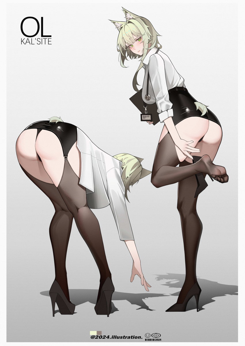 1girl absurdres animal_ear_fluff animal_ears arknights ass bent_over black_footwear black_panties black_skirt black_thighhighs breasts cat_ears cat_girl cat_tail character_name collared_shirt commentary_request dated from_behind green_eyes green_hair high-waist_skirt high_heels highres kal'tsit_(arknights) kneepits large_breasts panties pencil_skirt shirt skirt soles solo standing standing_on_one_leg tail thighhighs toes underwear white_shirt yat_(tsmn7245)
