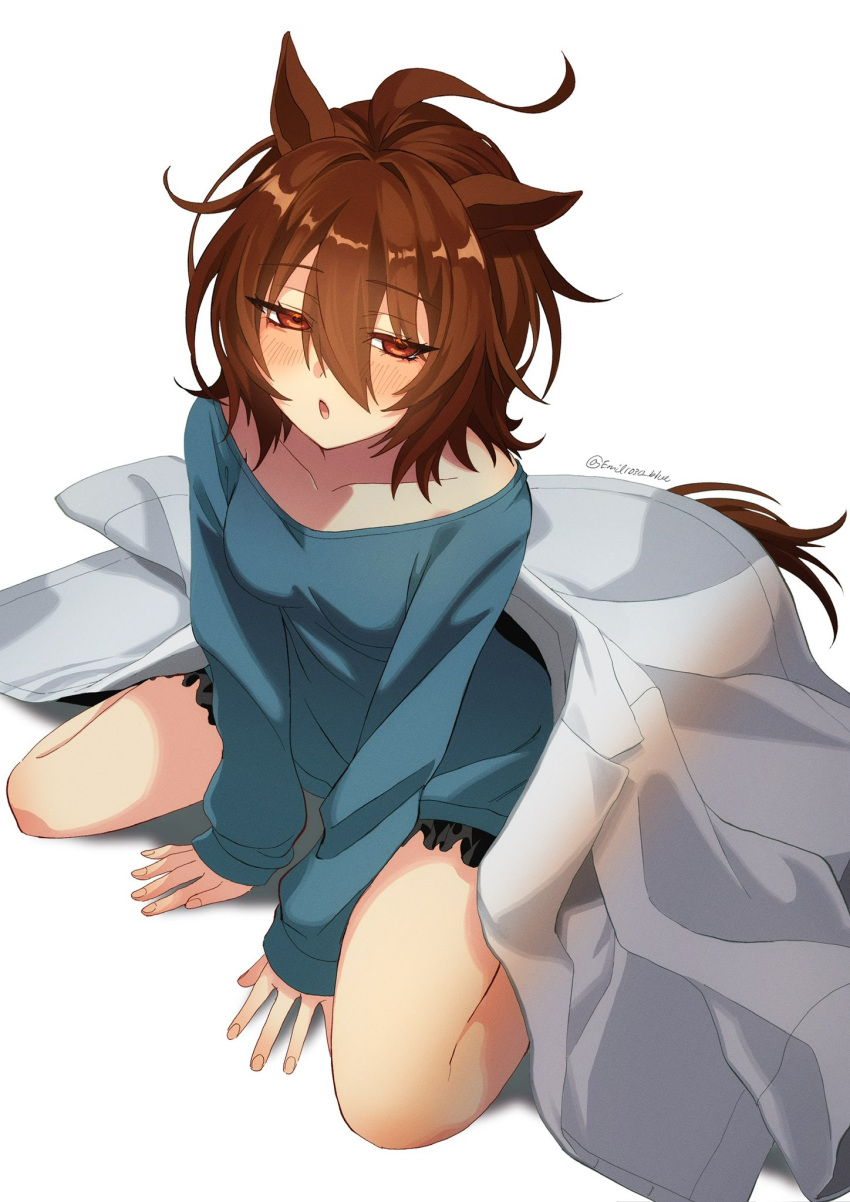 1girl agnes_tachyon_(umamusume) ahoge alternate_costume animal_ears blue_sweater blush brown_hair chestnut_mouth coat commentary_request emil1030_blue hair_between_eyes highres horse_ears horse_girl horse_tail lab_coat long_sleeves looking_at_viewer messy_hair on_ground red_eyes short_hair simple_background sitting solo sweater tail twitter_username umamusume unworn_coat wariza white_background